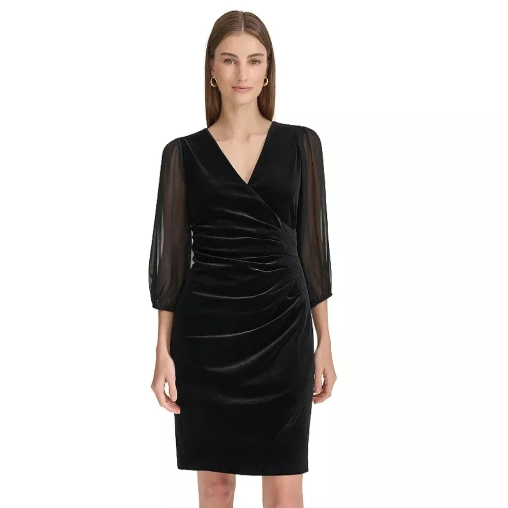 Harper Rose Black Velvet Balloon Sleeve Surplice V-Neck Ruched Dress Sz 16